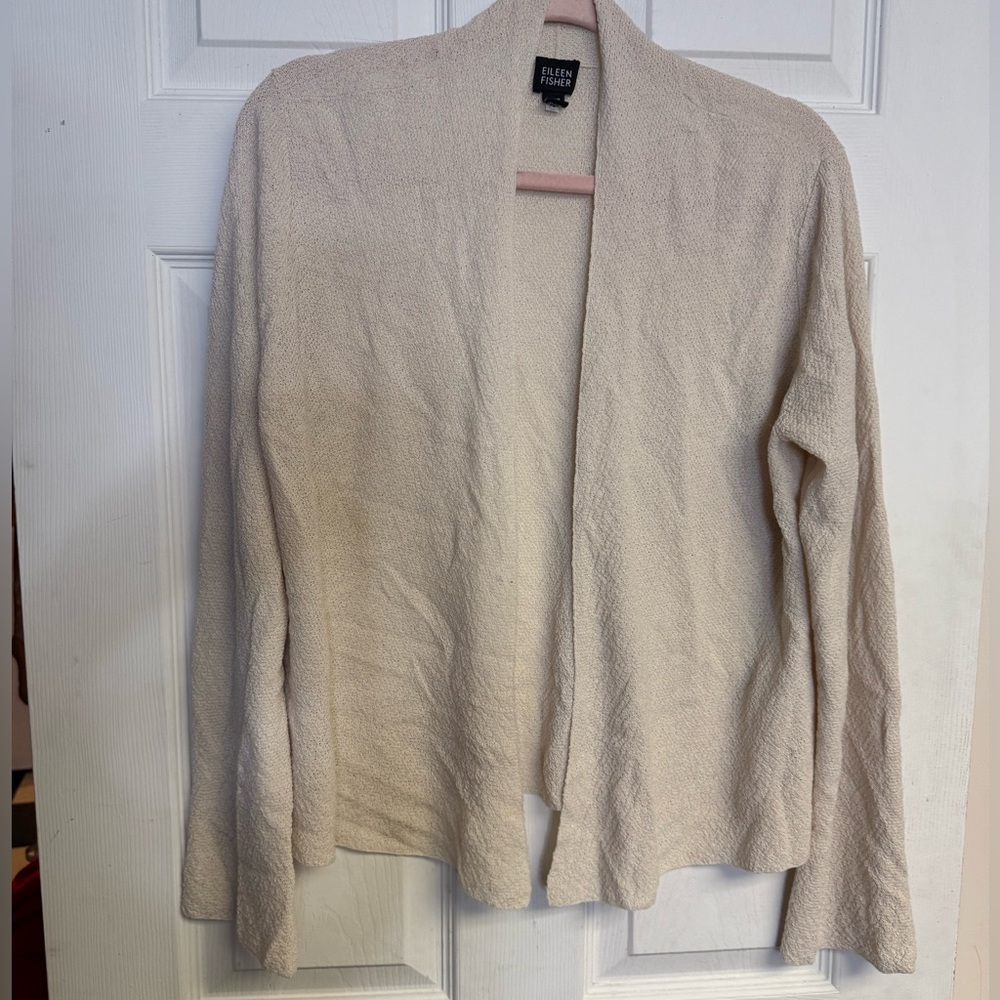 Eileen Fisher 100% Wool Italian Yarn Sweater Cardigan Beige Neutral Size Large